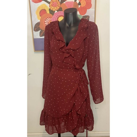 LA VIE BOHEME Dresses & Skirts - LA VIE BOHEME Burgundy Polka Dot Long Sleeve Frill Wrap Dress Sz 6